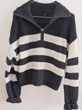 Dynamite Navy and White Striped Zip-Neck Sweater